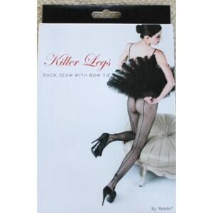 Killer Legs Black Fishnet Pantyhose with Back Seam and Bow Tie One Size New